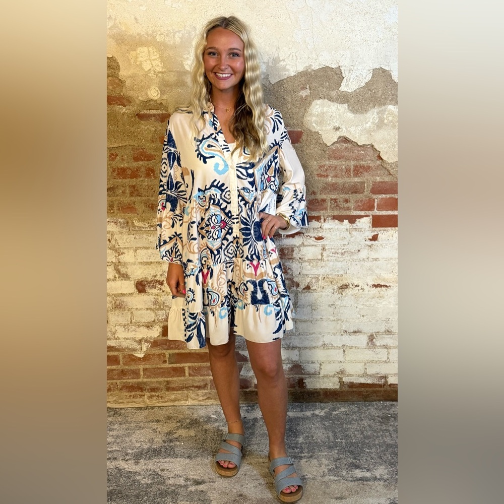 Blue and Cream Floral Coverup Dress with V-Neckline